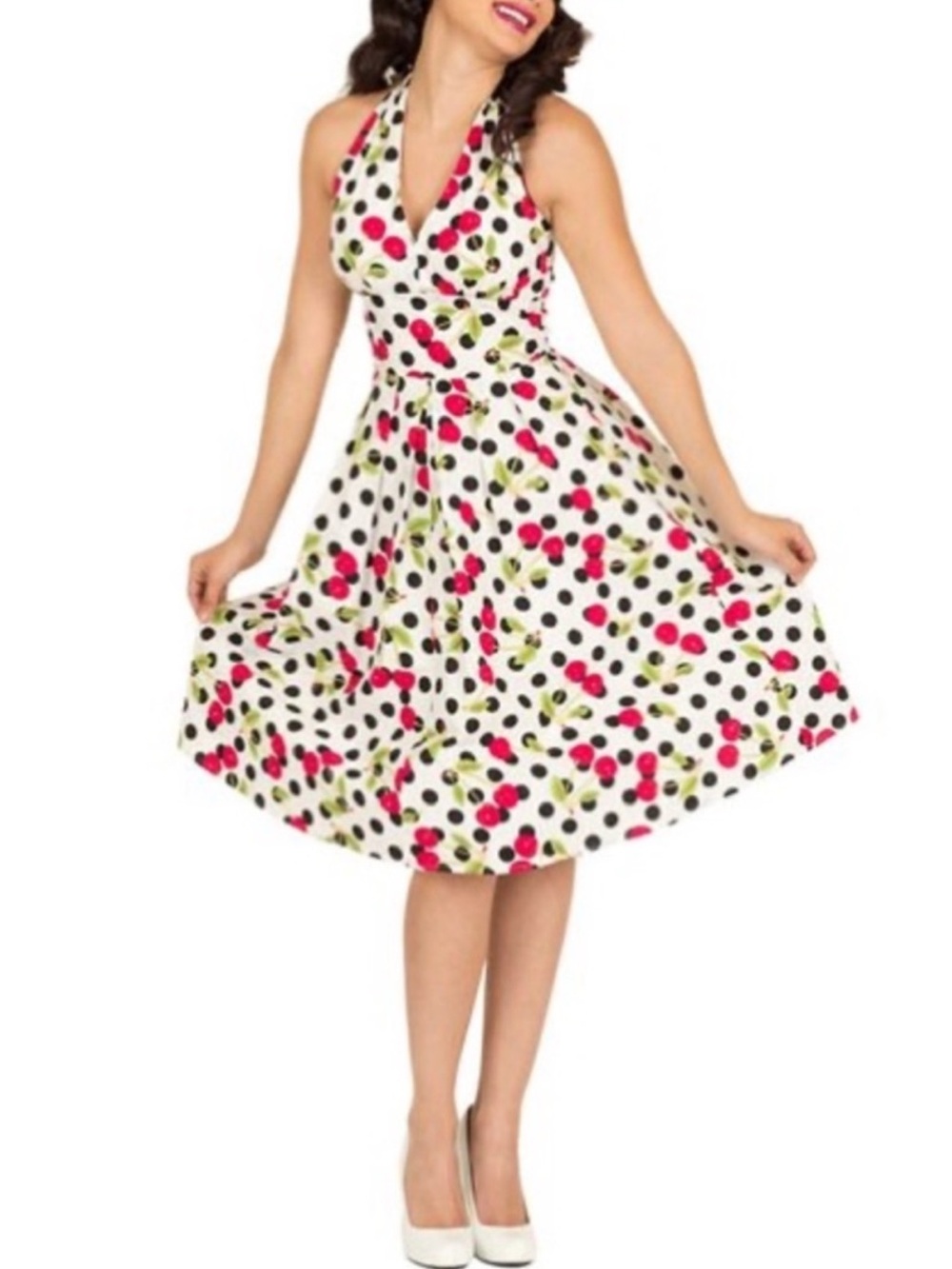 Tatyana White Polka Dot Midi Dress with Red Cherry Print